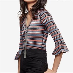 FREE PEOPLE Surprise Party Metallic Stripped Bell Sleeve Tee Size Medium